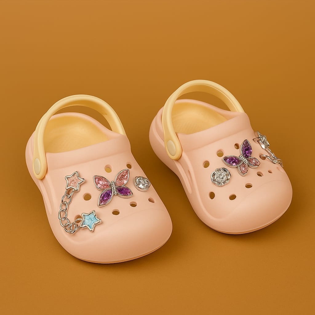 Girls Stylish Butterfly Charm Clogs – Light Pink with Chain & Star Decorations (KC-SIL BUTTERFLY)