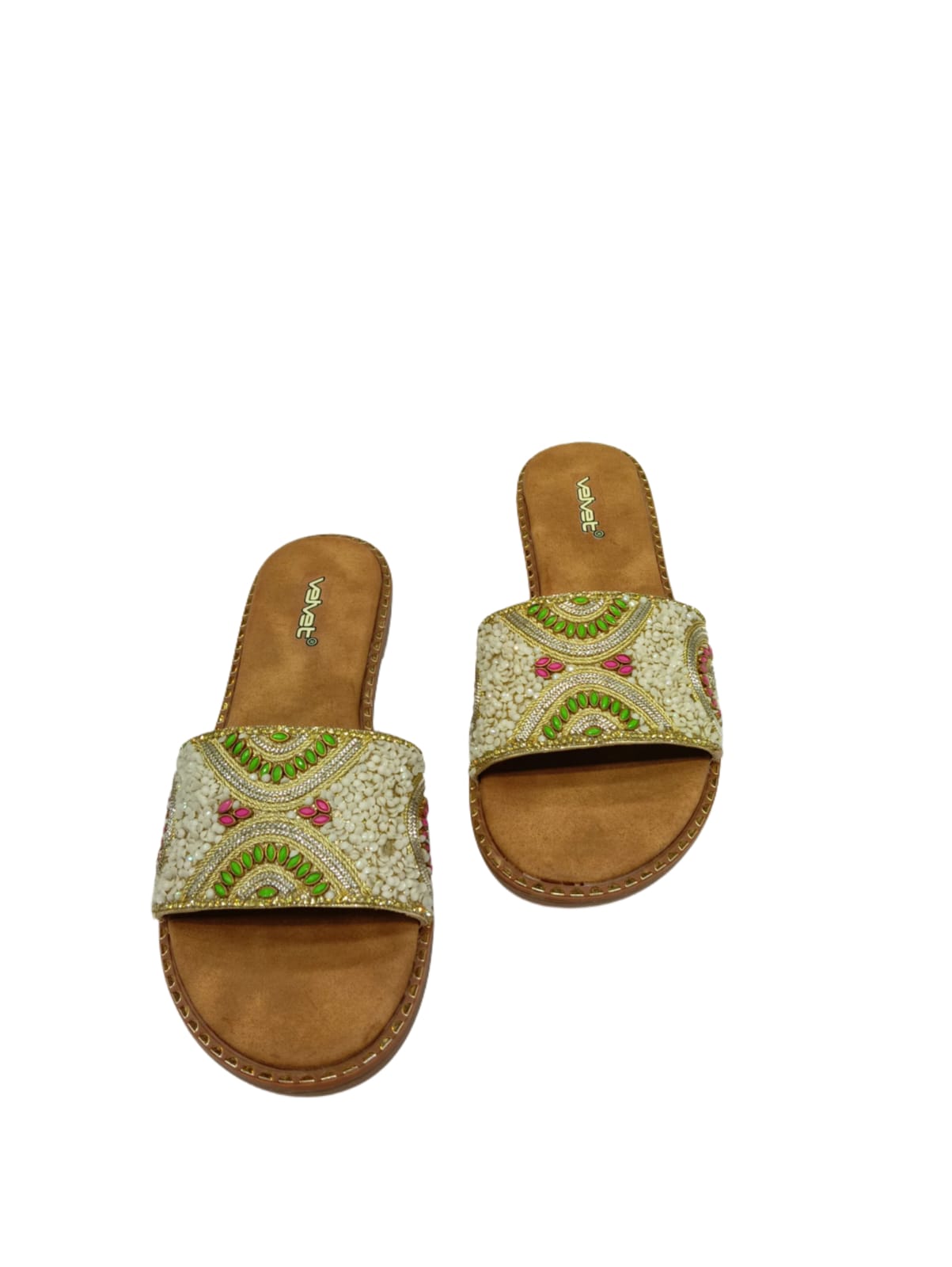 Velvet Women’s Traditional Ethnic Embroidered Flat Slides – Multicolor Beaded Design (VT01)