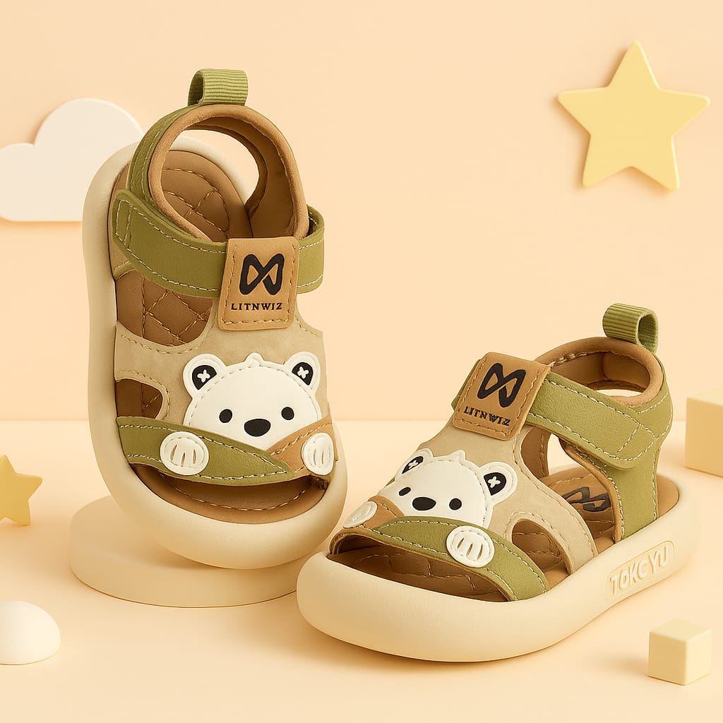 Cute Bear Motif Kids Sandals – Olive & Beige | Soft Comfort Footwear (KS-ML-307)