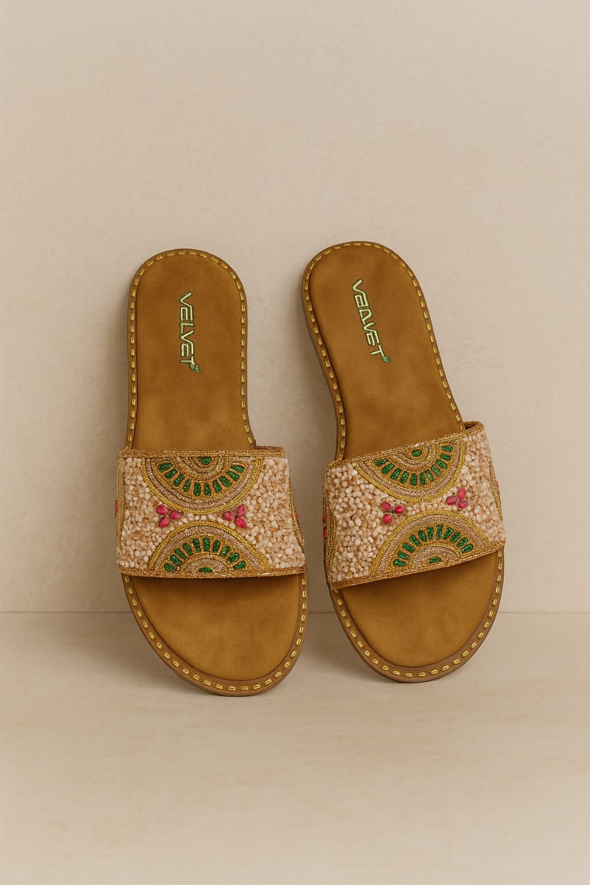 Velvet Women’s Traditional Ethnic Embroidered Flat Slides – Multicolor Beaded Design (VT01)