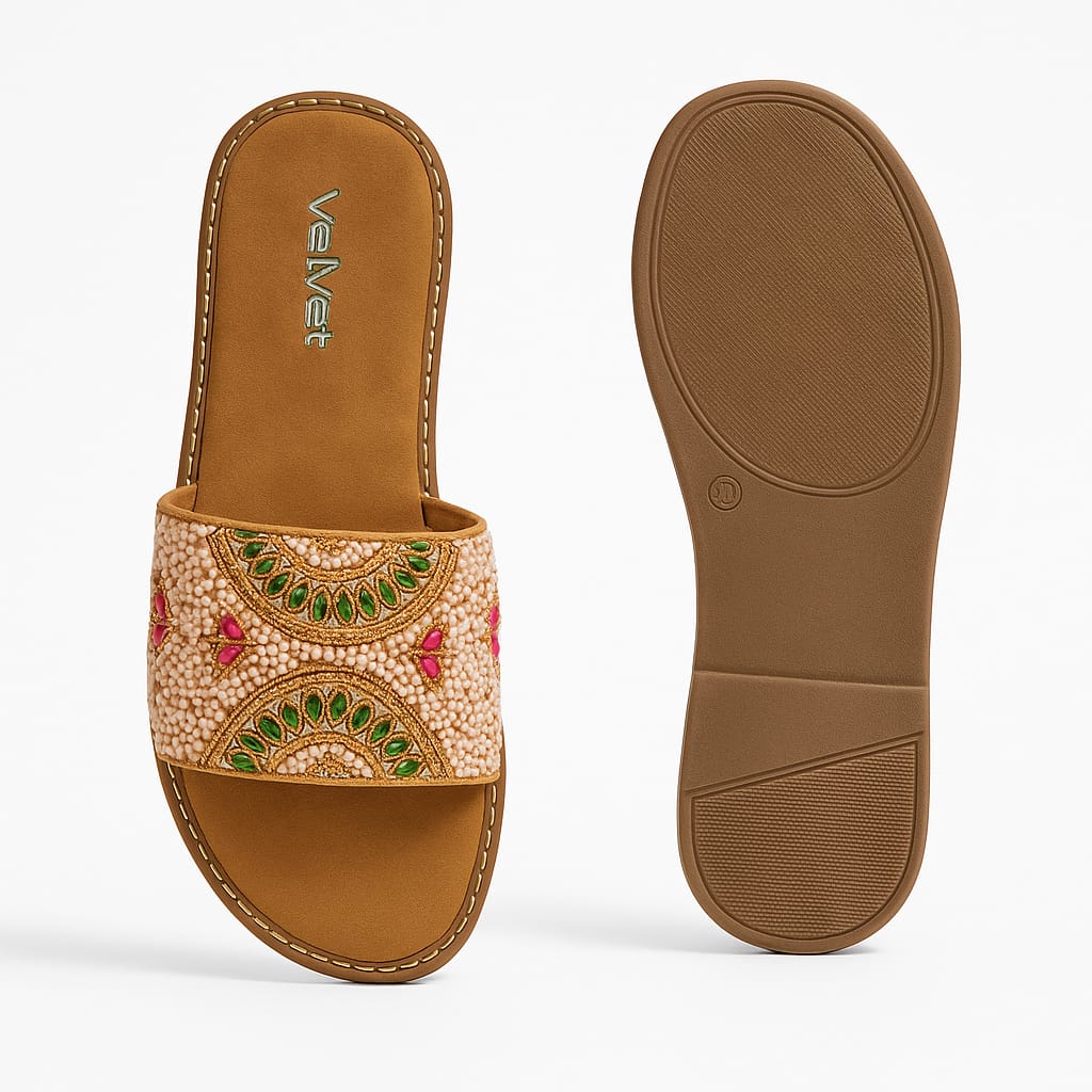 Velvet Women’s Traditional Ethnic Embroidered Flat Slides – Multicolor Beaded Design (VT01)