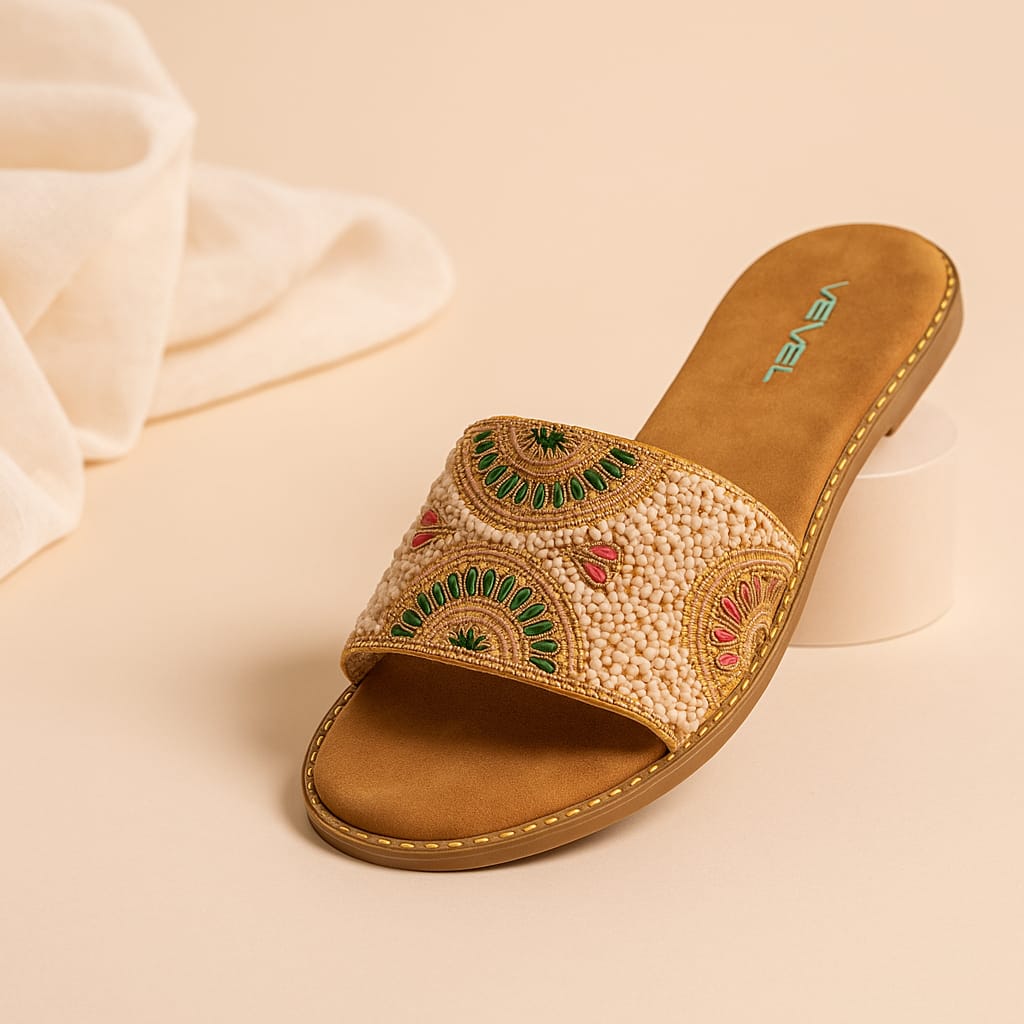 Velvet Women’s Traditional Ethnic Embroidered Flat Slides – Multicolor Beaded Design (VT01)