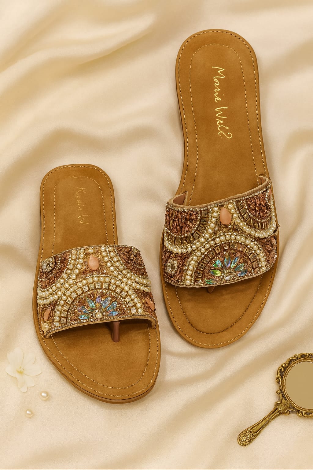 Marie Walk Women's Ethnic Embellished Toe-Ring Flats – Pearl & Crystal Designer Slip-Ons (CRAP-15)