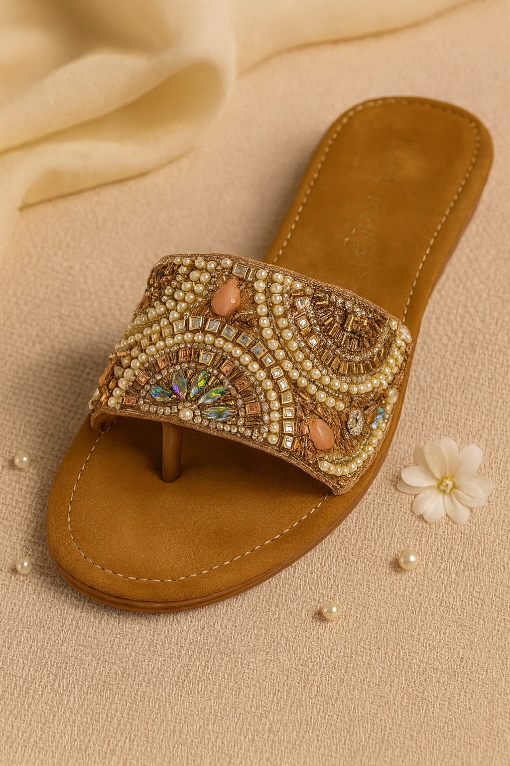 Marie Walk Women's Ethnic Embellished Toe-Ring Flats – Pearl & Crystal Designer Slip-Ons (CRAP-15)