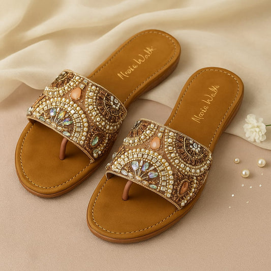 Marie Walk Women's Ethnic Embellished Toe-Ring Flats – Pearl & Crystal Designer Slip-Ons (CRAP-15)