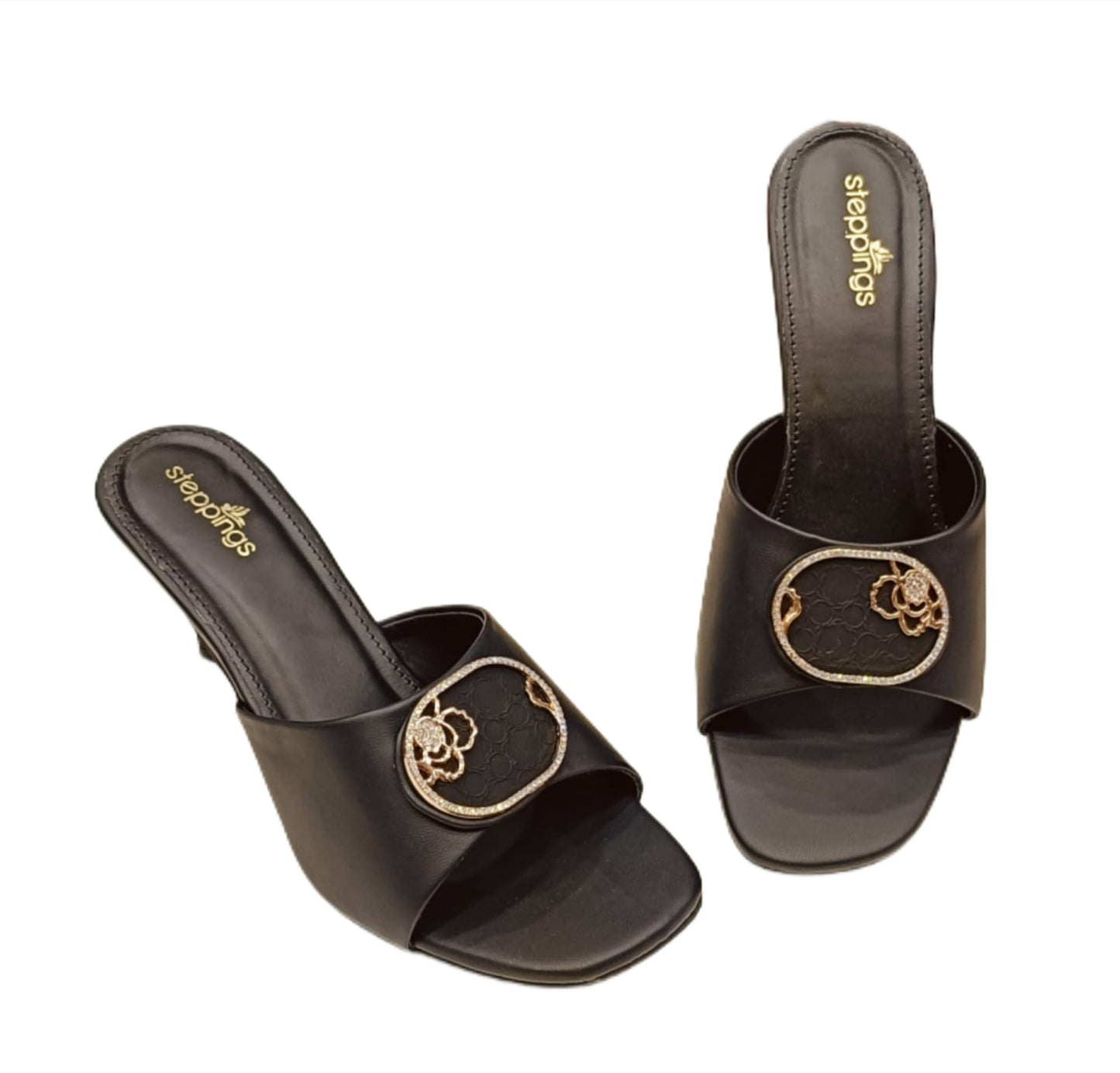 Women’s Elegant Slip-On Heels with Floral Gold-Tone Embellishment (V907)