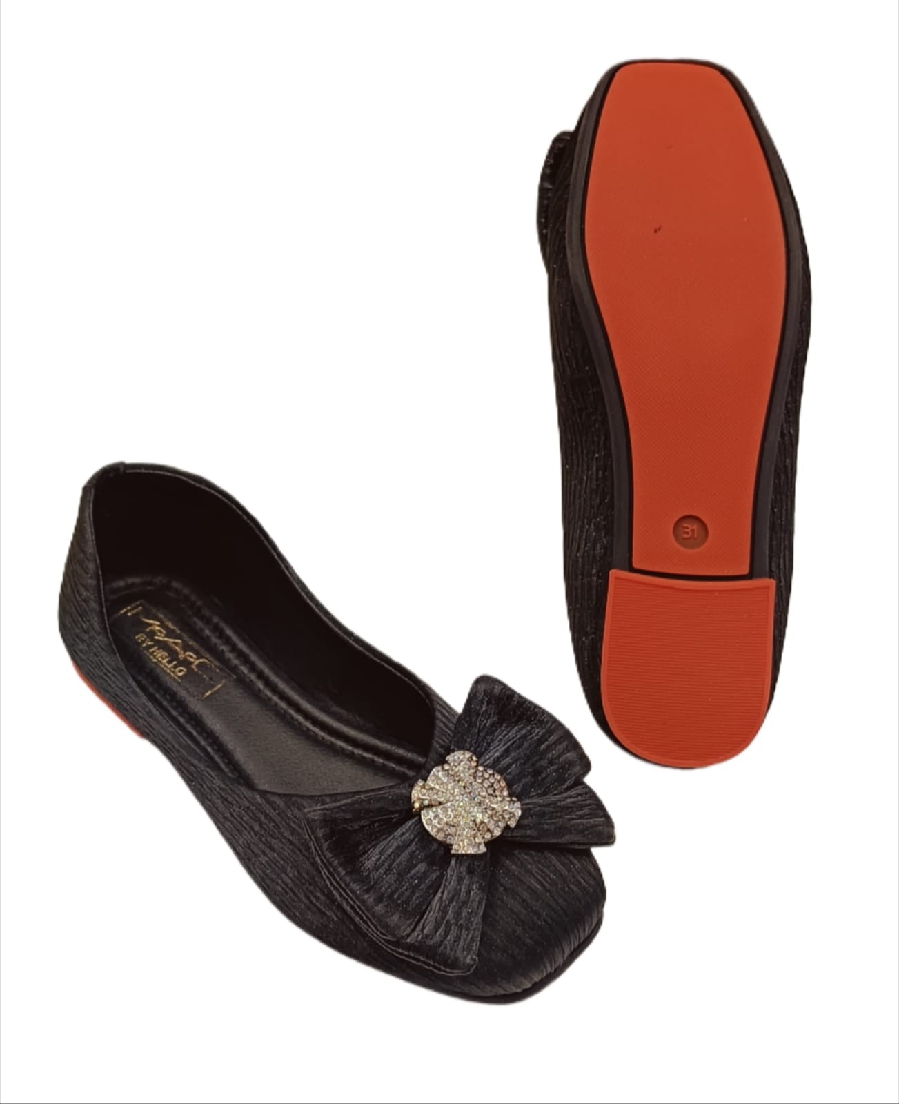 Kids’ Party Wear Ballerina Belly Shoes with Bow & Sparkling Stone Embellishment (KB-038)