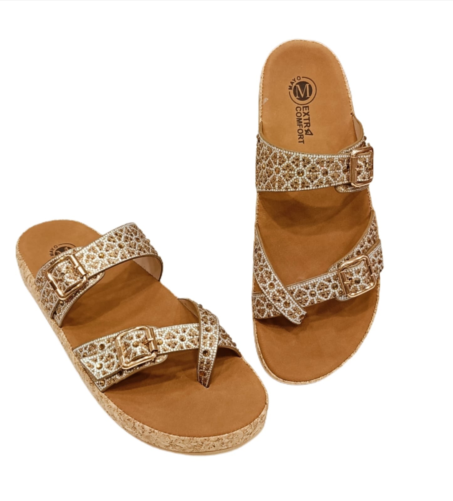 Women’s Dual-Buckle Embellished Comfort Sandals with Cork Sole (LC-33047)