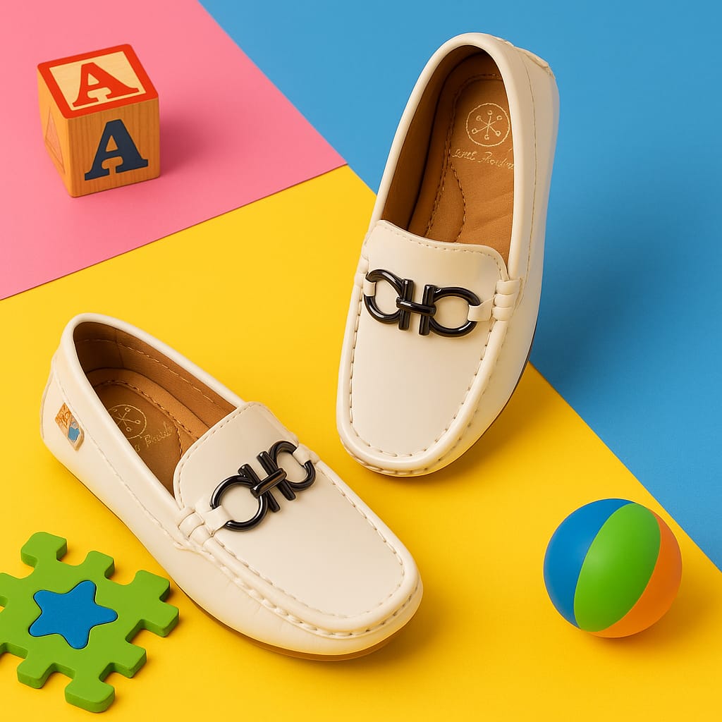 Kids’ White Patent Leather Loafers with Metal Buckle Ornament (KL-014)