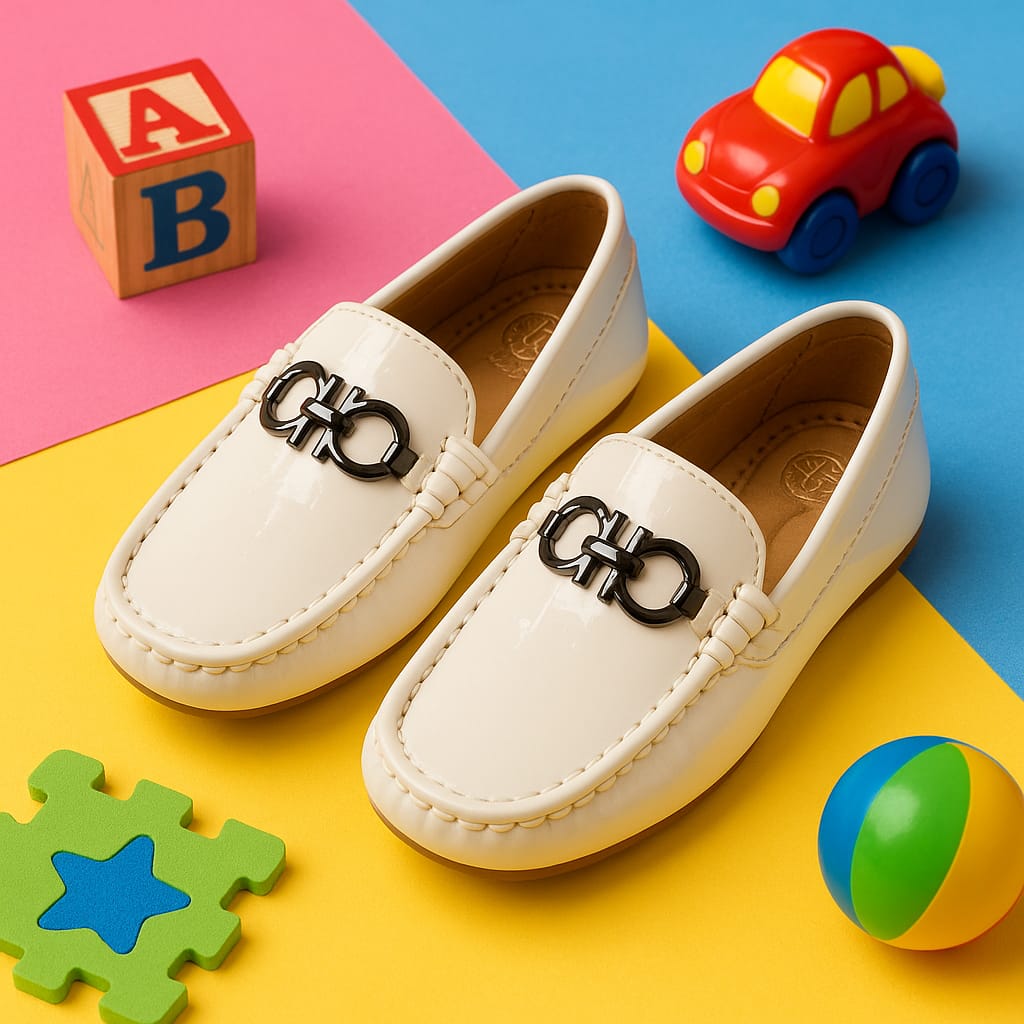Kids’ White Patent Leather Loafers with Metal Buckle Ornament (KL-014)
