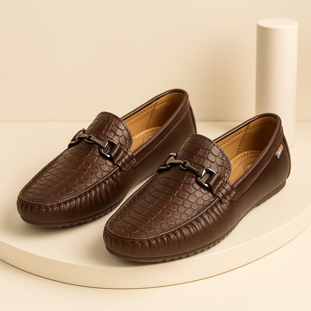 Kids’ Brown Loafers with Croc-Texture Finish & Metal Buckle Ornament (KL-013)