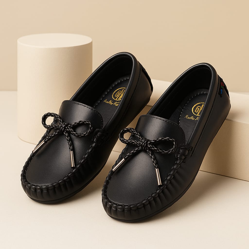 Kids’ Black Faux Leather Loafers with Bow Tie Detail & Anti-Slip Sole (KL-015)