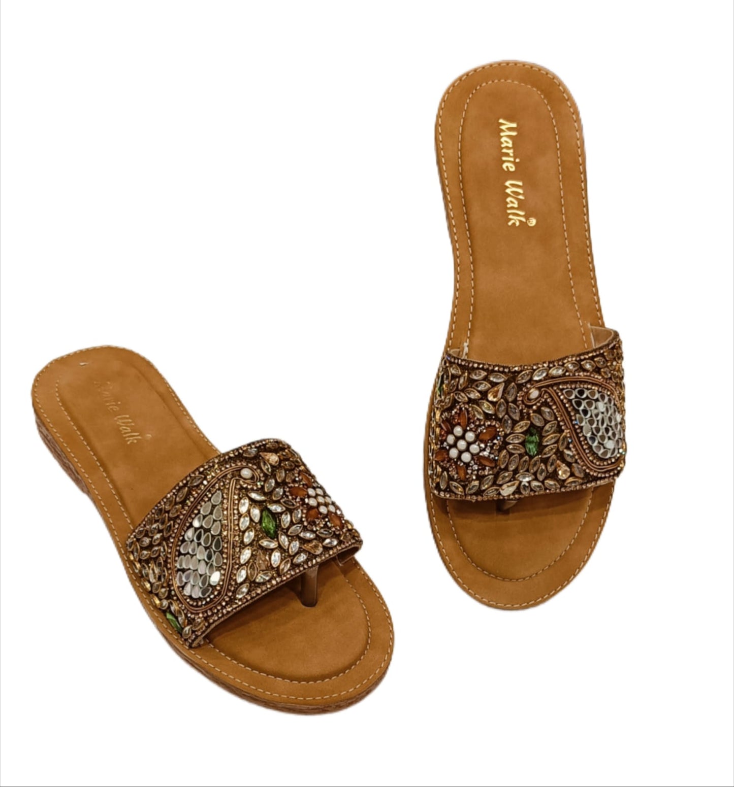 Marie Walk Women's Ethnic Embellished Toe-Ring Flats – Pearl & Crystal Designer Slip-Ons (CRAP-15)