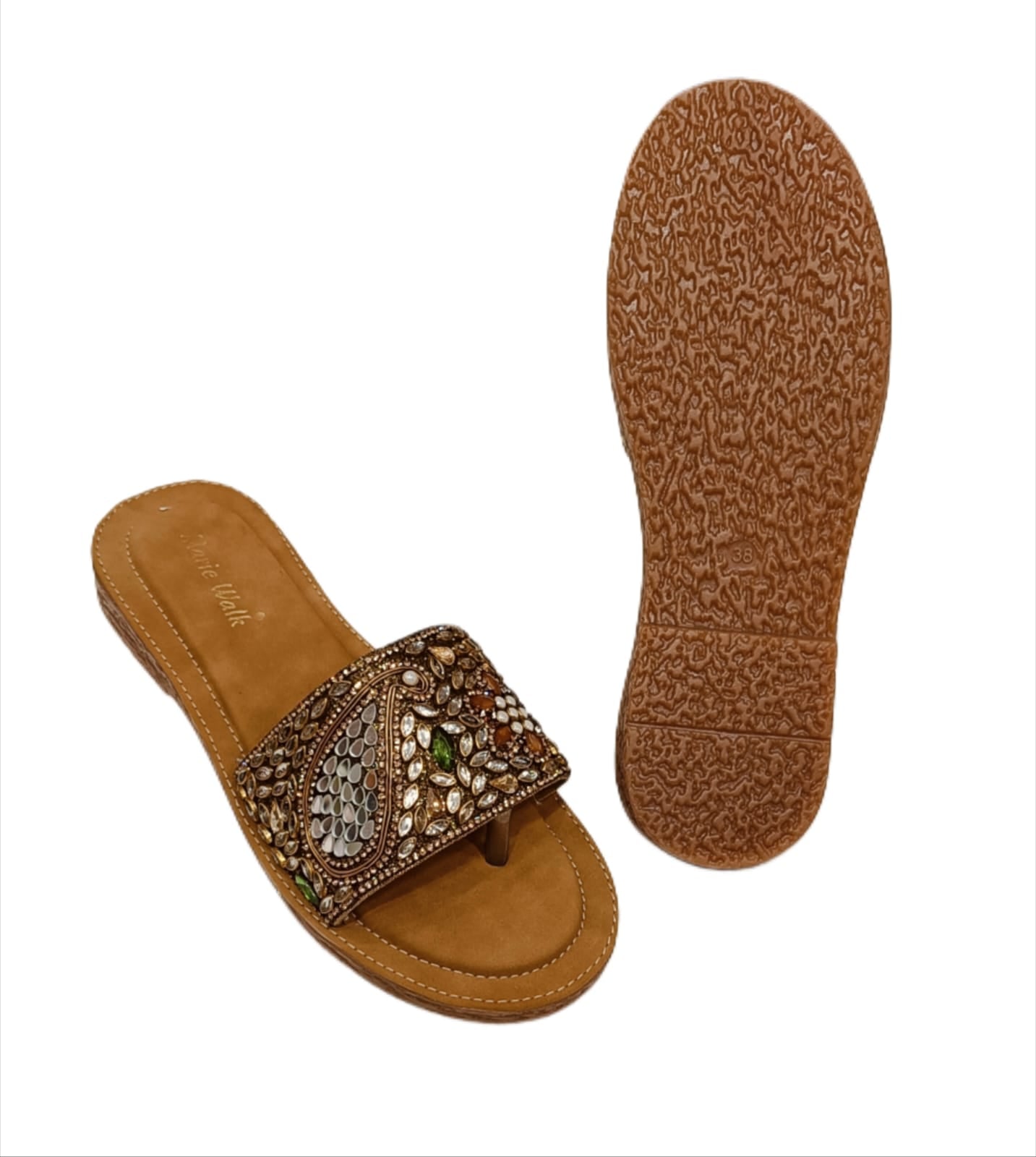 Marie Walk Women's Ethnic Embellished Toe-Ring Flats – Pearl & Crystal Designer Slip-Ons (CRAP-15)