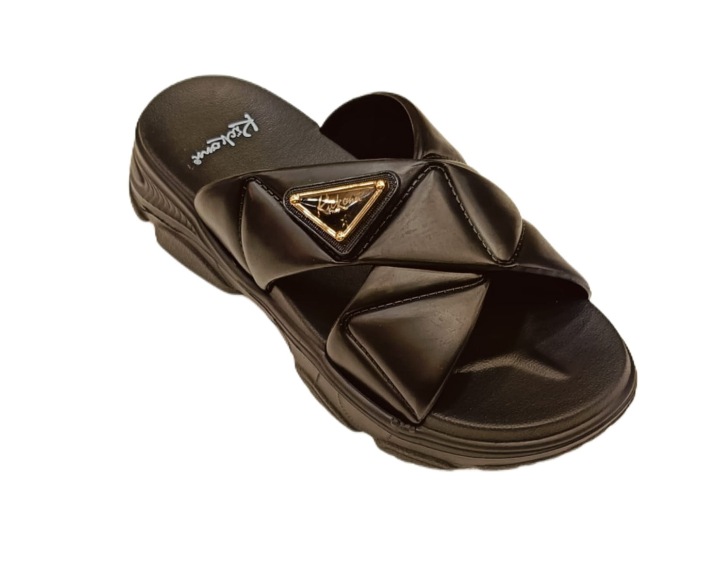 Women’s Cross-Strap Padded Sliders with Gold Emblem – Casual Comfort Sandals (KKN-002)