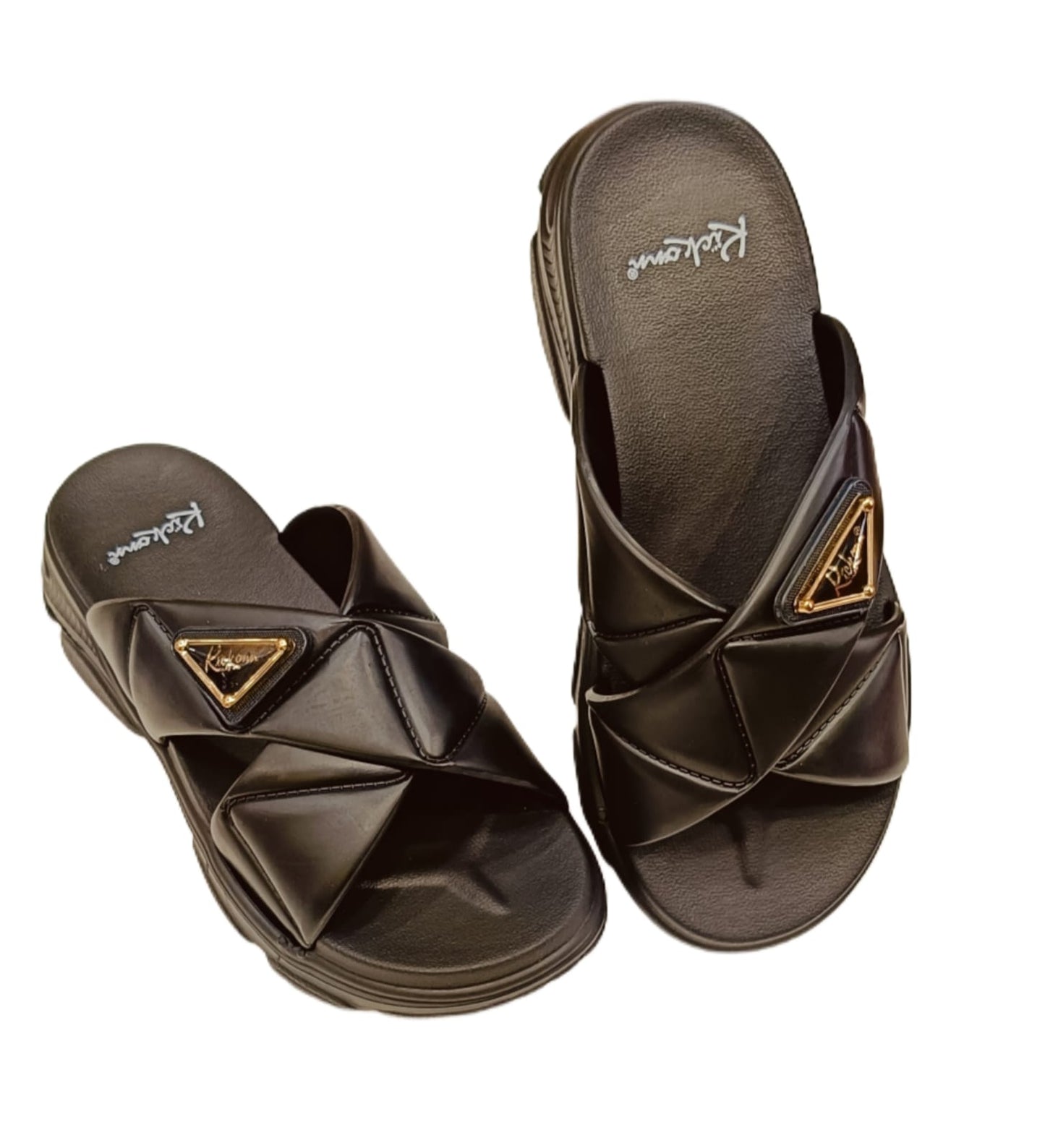 Women’s Cross-Strap Padded Sliders with Gold Emblem – Casual Comfort Sandals (KKN-002)