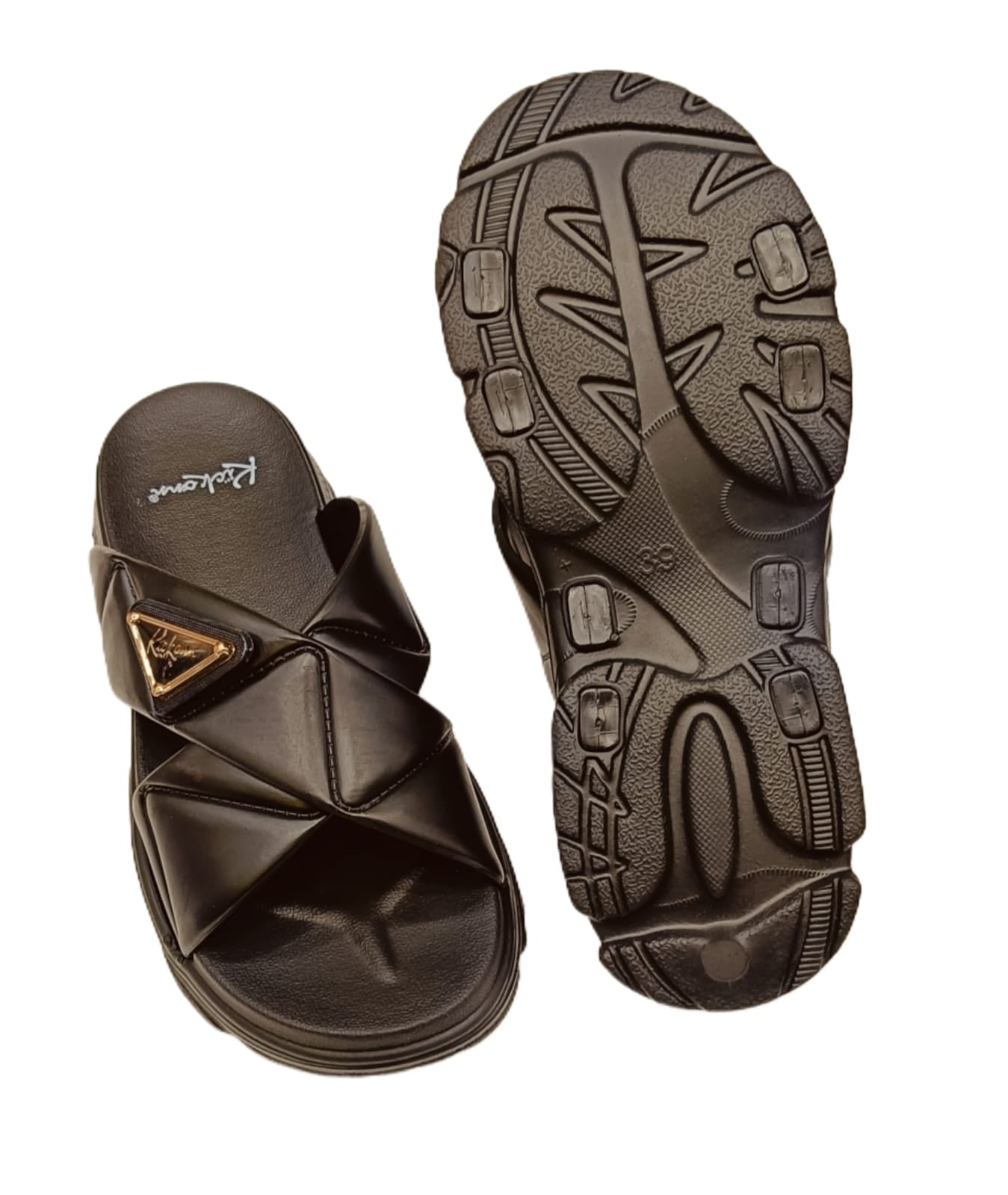 Women’s Cross-Strap Padded Sliders with Gold Emblem – Casual Comfort Sandals (KKN-002)