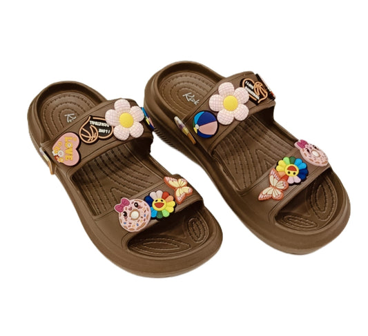 Women s’ Double Strap Sliders with Colorful Charms – Trendy Casual Sandals (KKN-004)