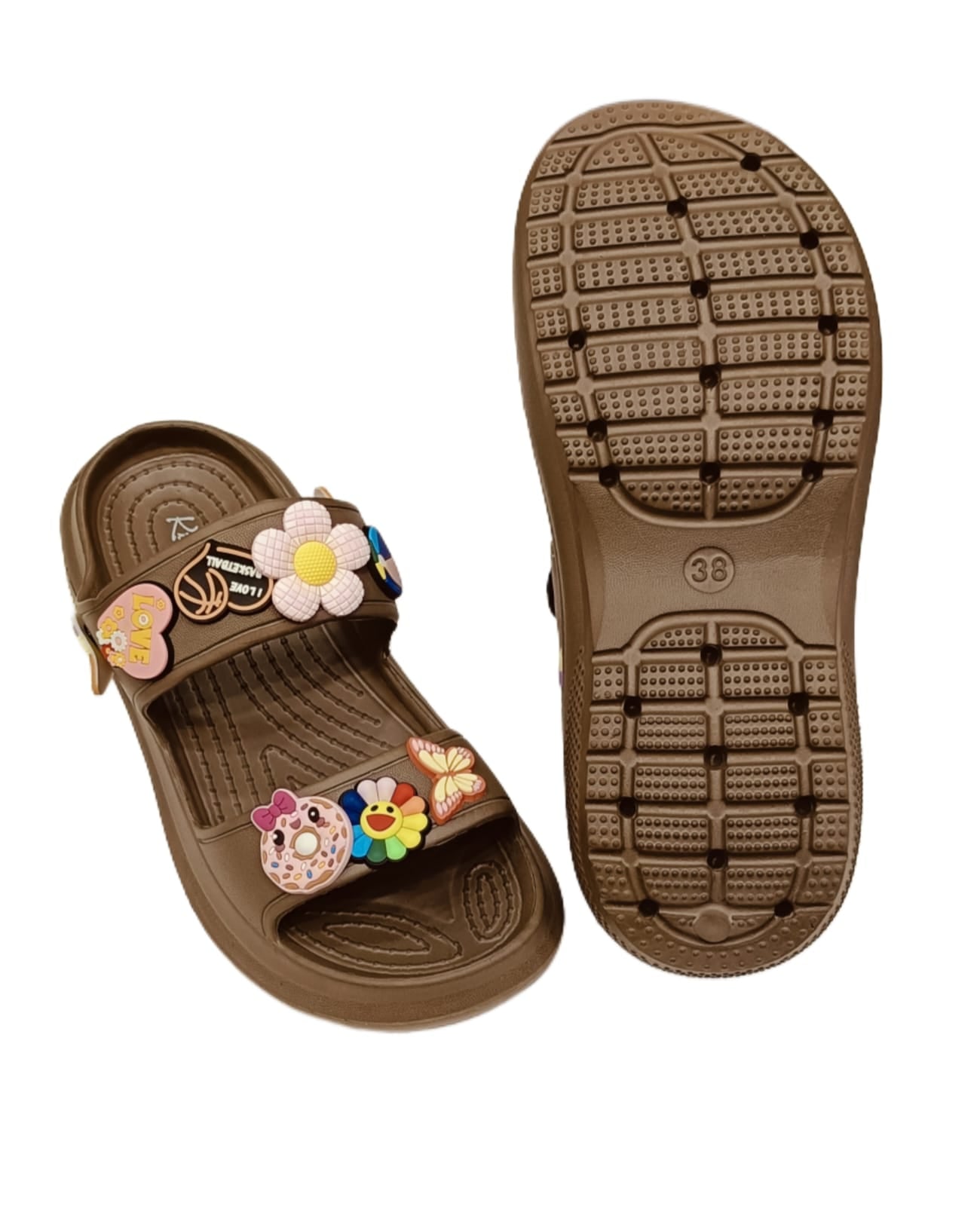 Women s’ Double Strap Sliders with Colorful Charms – Trendy Casual Sandals (KKN-004)