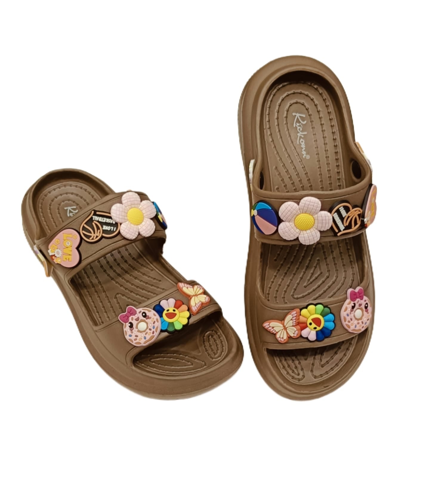 Women s’ Double Strap Sliders with Colorful Charms – Trendy Casual Sandals (KKN-004)