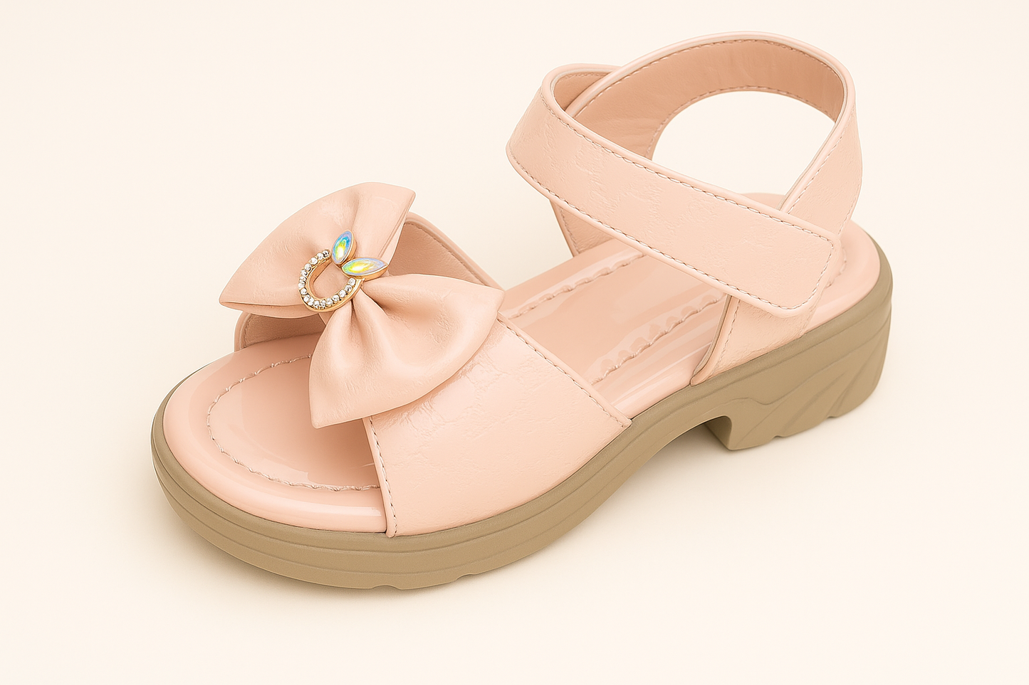 Blush Bow Sandals for Girls – Patent Finish with Printed Strap (KS-063)