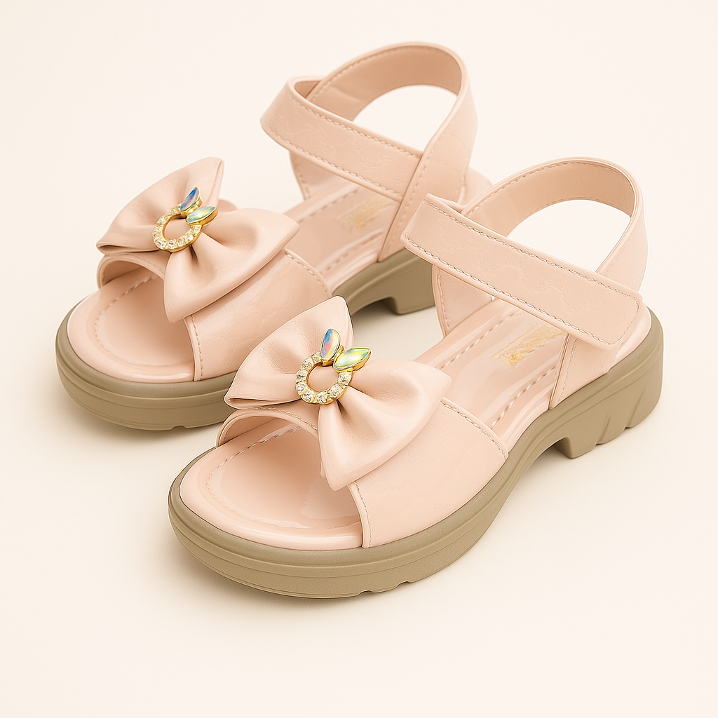 Blush Bow Sandals for Girls – Patent Finish with Printed Strap (KS-063)